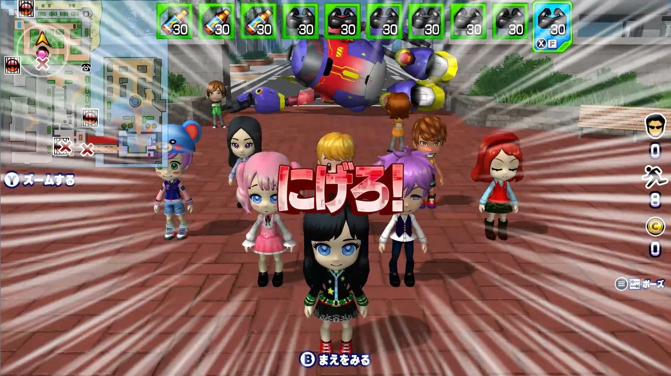 「にげろ！」と表示された逃走者たちのゲーム画面