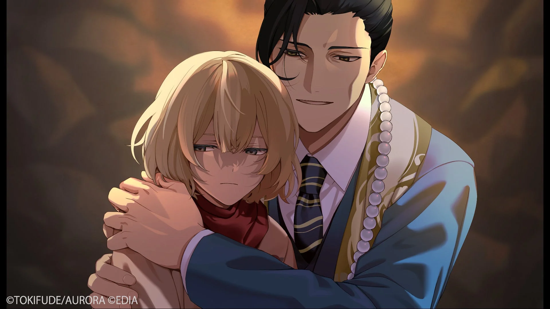 「虧月の夜」のゲーム画面。抱きしめ合う男女のキャラクター。