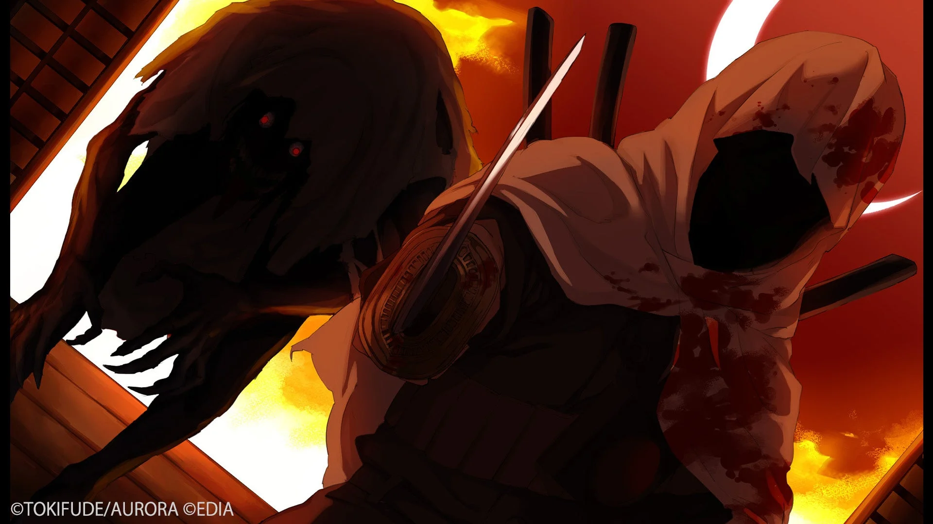 「虧月の夜」のゲーム画面。武器を持つフードの人物。