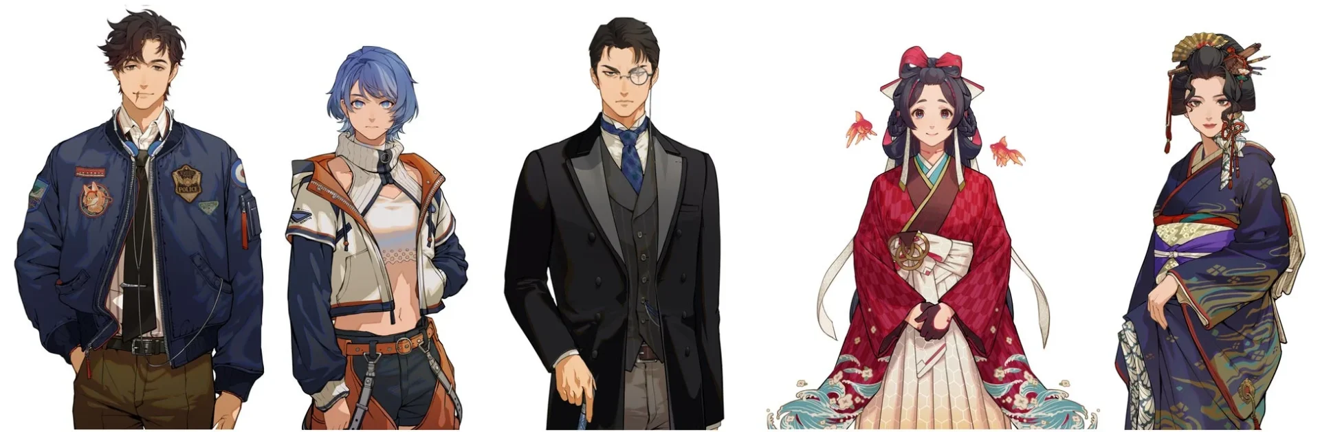 『DUSK INDEX: GION』の主要登場キャラクター5人の全身イラスト