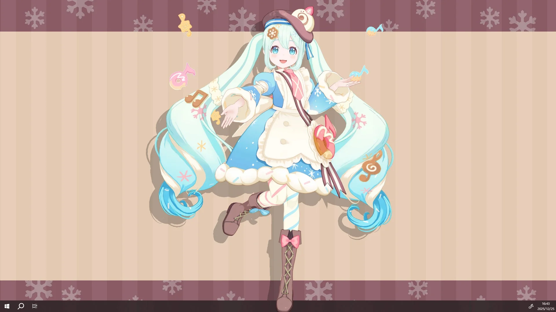 デスクトップに立つ雪ミク「SNOW MIKU 2026 Ver.」全身像