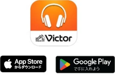 Victor HeadphonesアプリのアイコンとApp Store、Google Playダウンロードリンク
