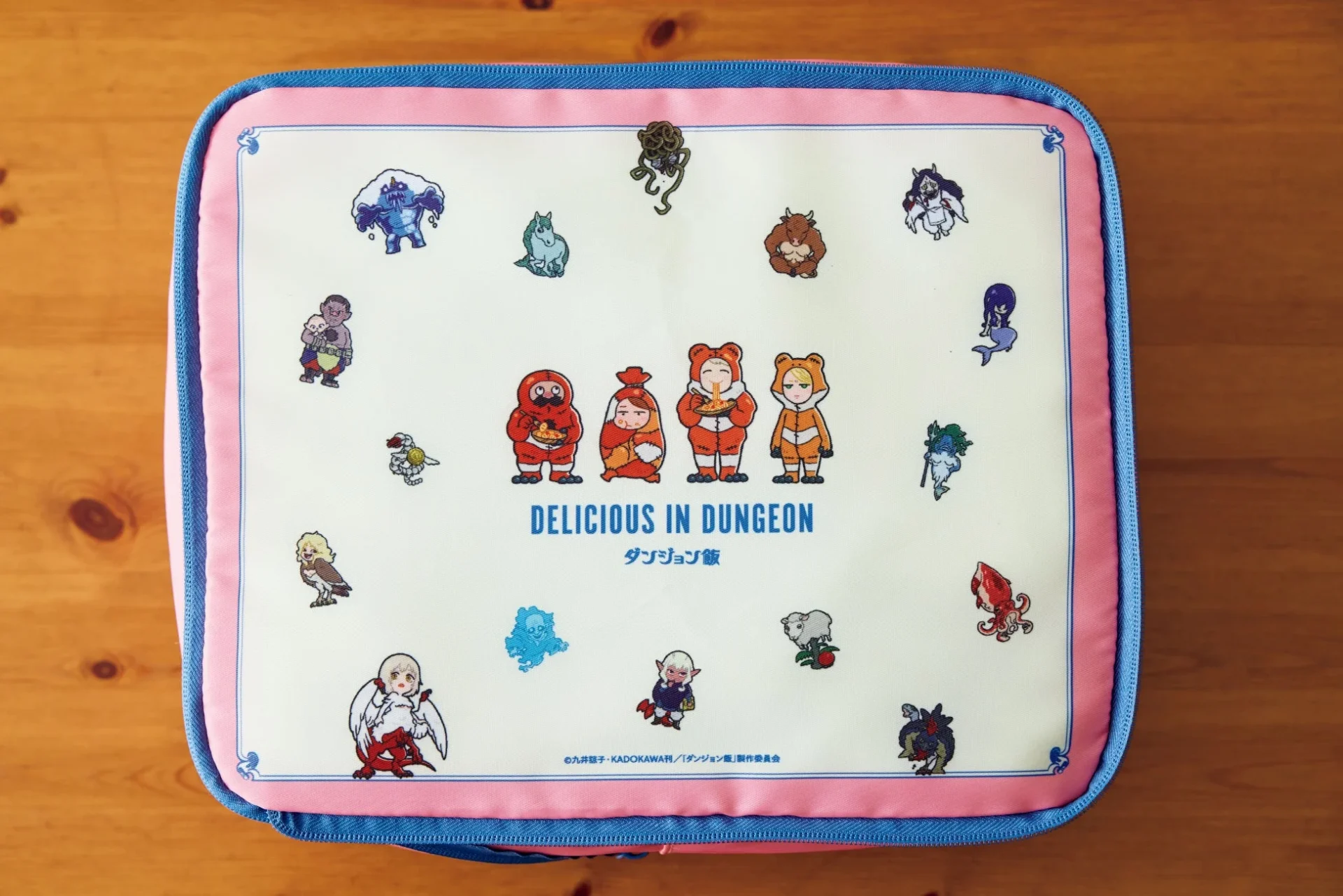 ダンジョン飯オリジナル圧縮収納ポーチの表面全体に描かれたキャラクターイラスト