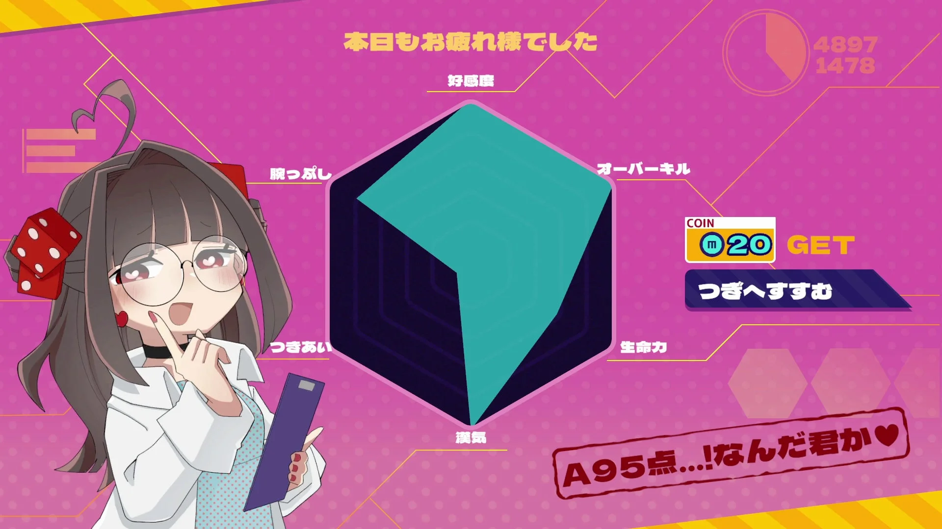 『メンヘラリウム』1日のチンチロ結果に対するメンヘラちゃんの評価画面