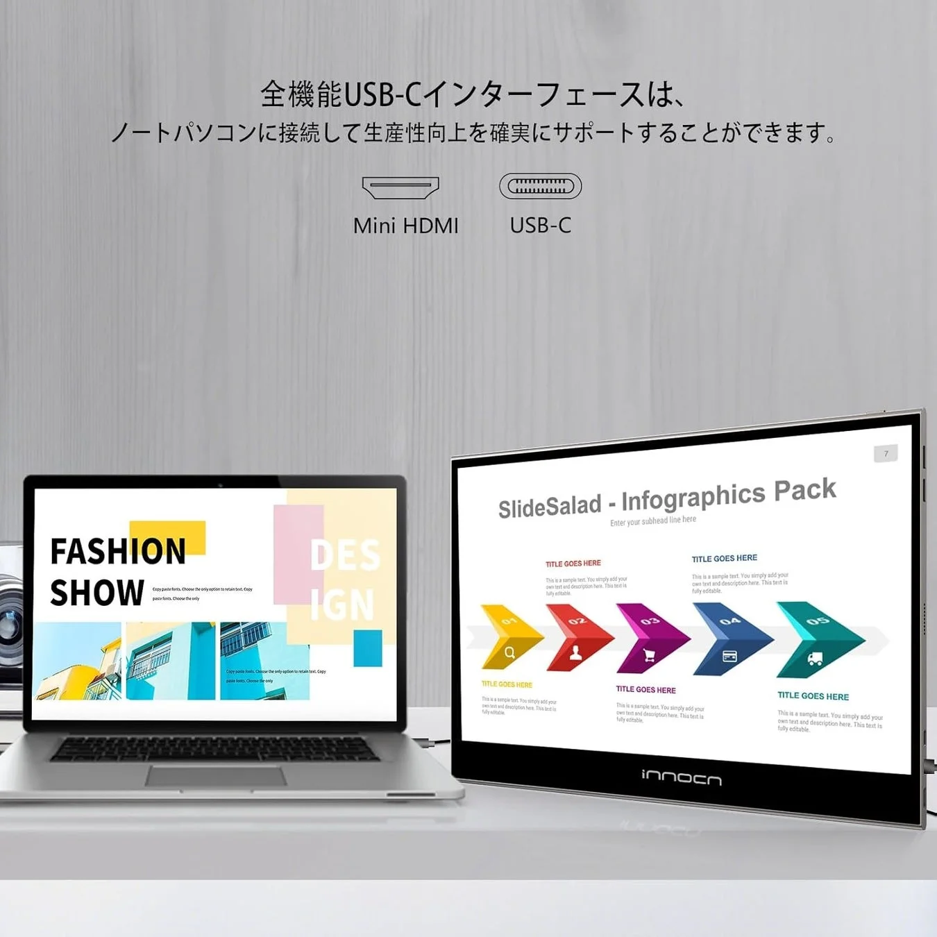 INNOCN 13.3インチモバイルモニター 13K1FをノートPCと接続して使用する様子