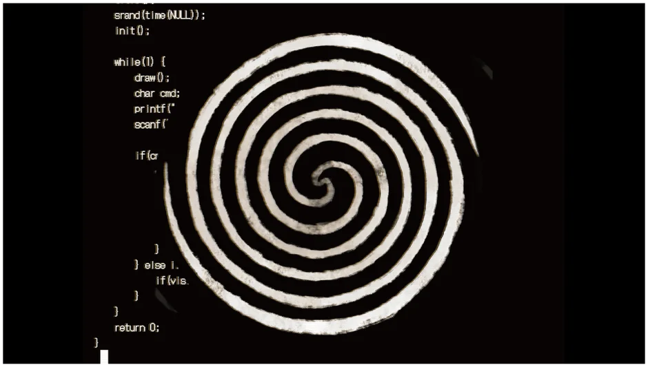 『プレイ禁止』のゲーム画面：コードと渦巻き