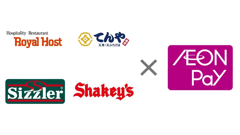 ロイヤルホスト、天丼てんや、シズラー、シェーキーズのロゴとAEON Payロゴ