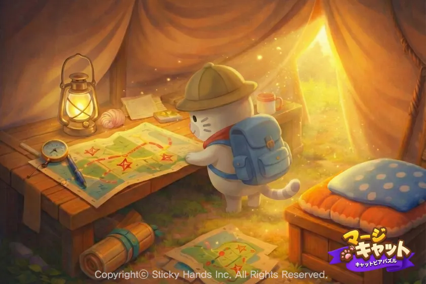 マージキャットのゲームプレイ画面、地図を見る猫のキャラクター