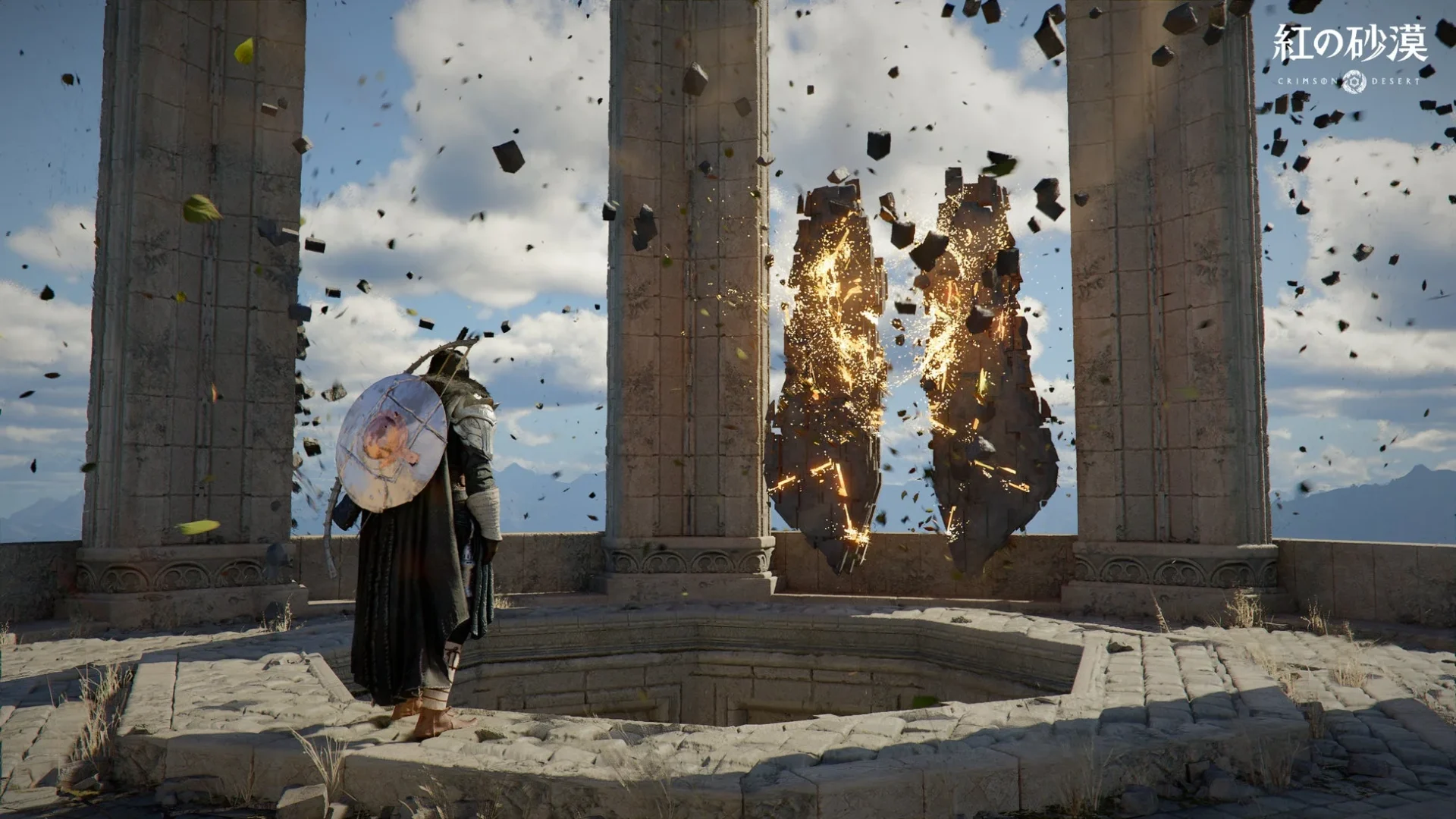 クリフが遺跡で光る柱を見つめるゲーム内スクリーンショット