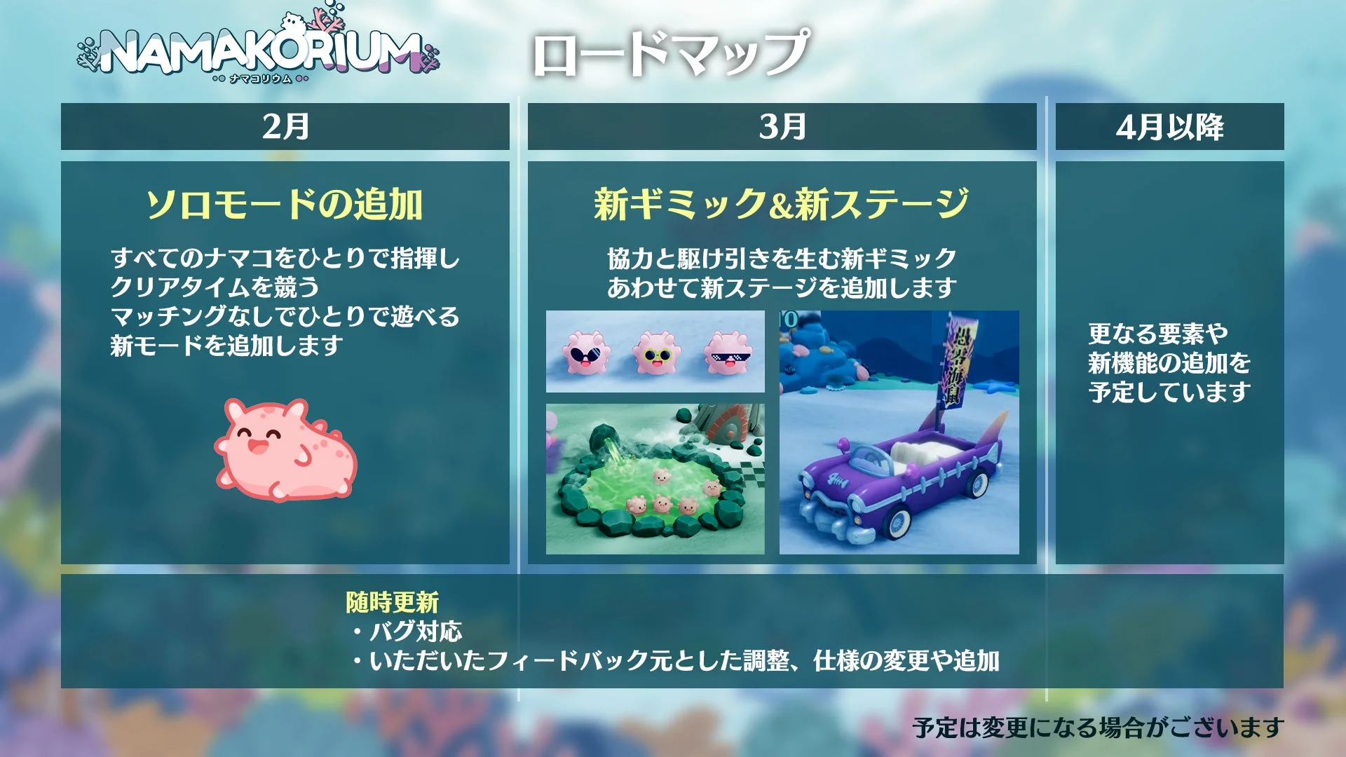 「NAMAKORIUM」の2月以降の開発ロードマップ