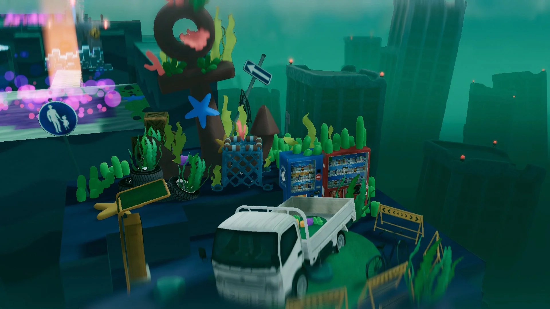 ゲーム内の海中ステージの景観、トラックと標識