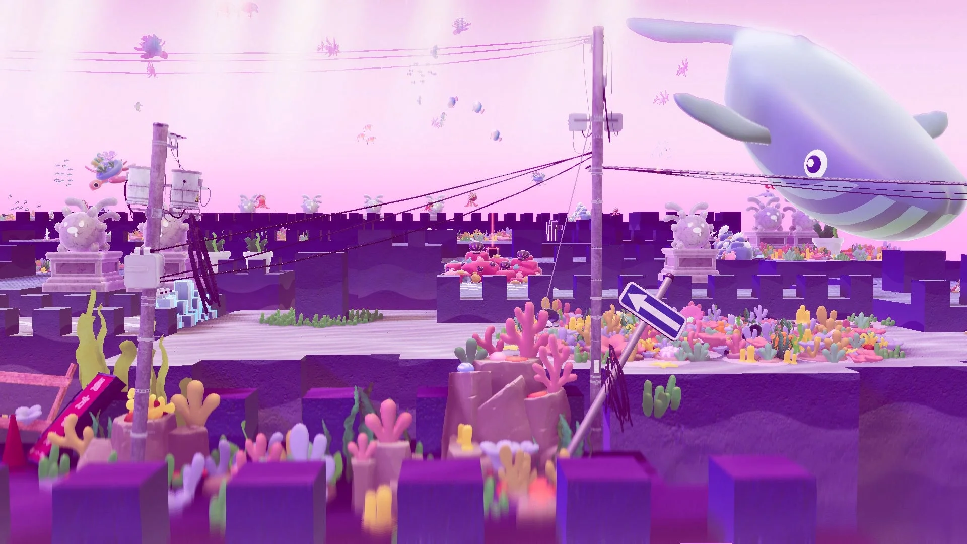 ゲーム内の幻想的な海中ステージの景観、クジラと建造物