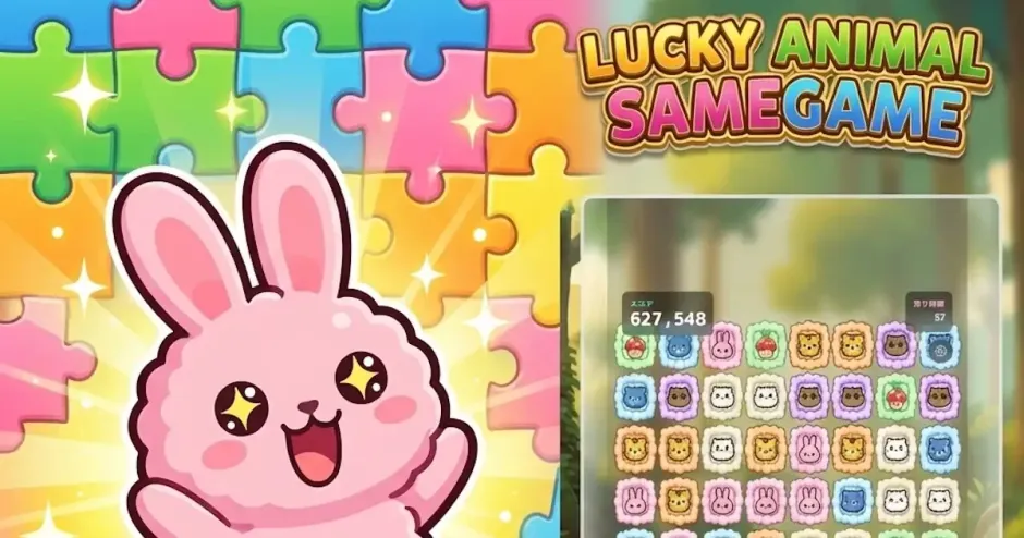 ラッキーどうぶつサメガメのキービジュアル。うさぎキャラクターとゲーム画面