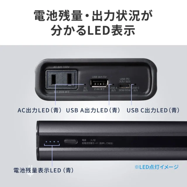 モバイルバッテリーの電池残量と出力状況を示すLED表示