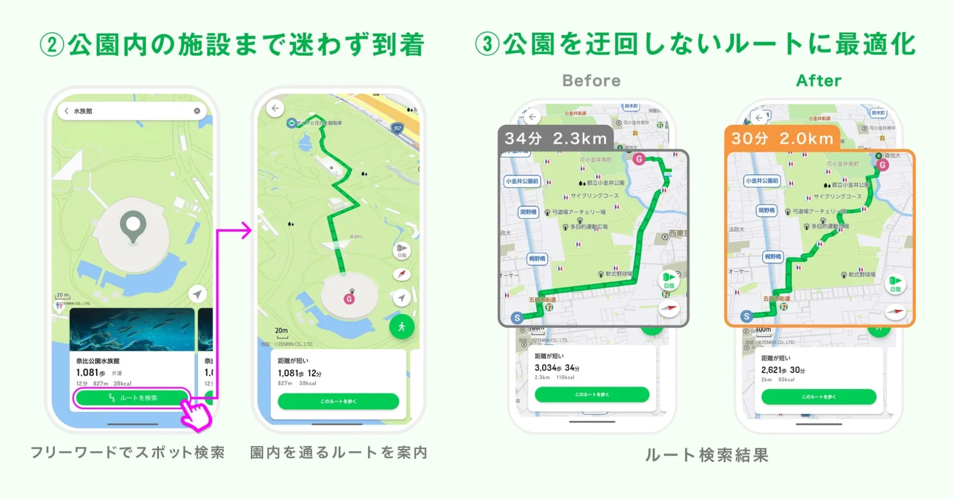 ALKOOアプリでの公園内施設へのルート案内と迂回しない最短ルートの比較画面