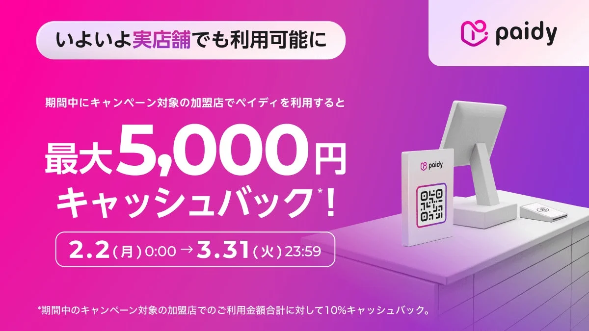 Paidy実店舗利用で最大5,000円キャッシュバックキャンペーンの告知