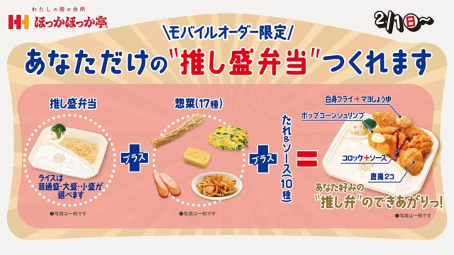 推し盛弁当の作り方と、選べる惣菜・たれ＆ソースの組み合わせイメージ