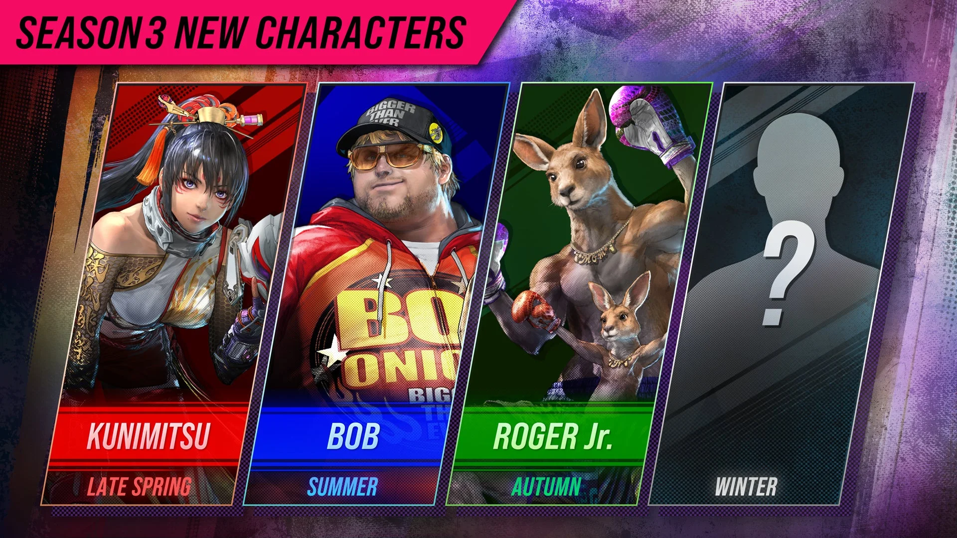 鉄拳8シーズン3で追加される新キャラクター「州光」「ボブ」「ロジャーJr.」と未発表のキャラクターシルエット。