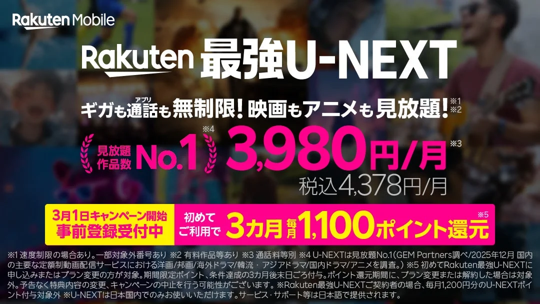 楽天モバイルのRakuten最強U-NEXTサービスとキャンペーン概要