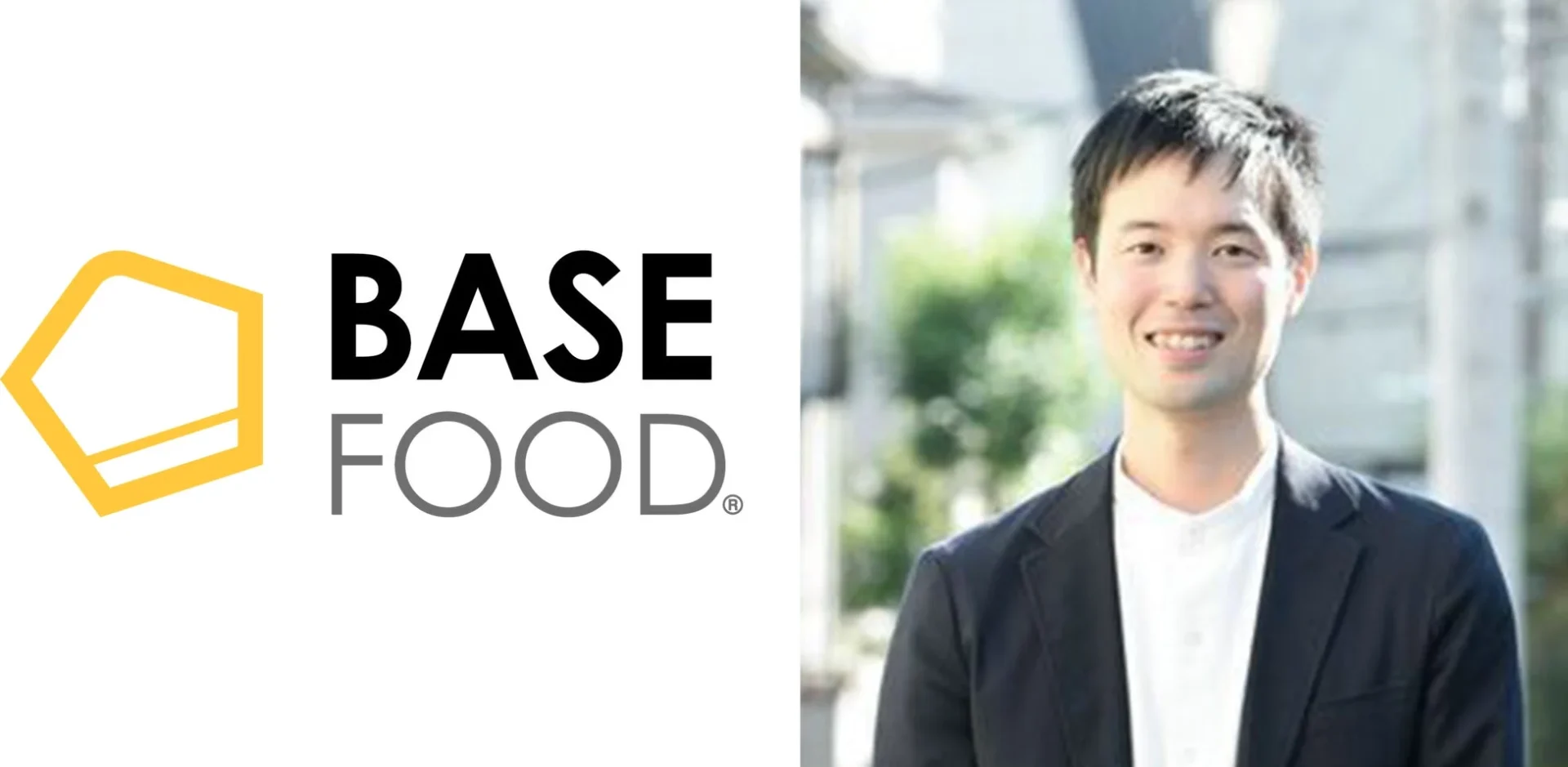 ベースフード株式会社代表取締役 橋本舜氏とBASE FOODロゴ