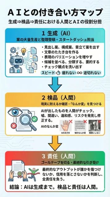 AIの生成、人間の検品と責任における役割分担マップ
