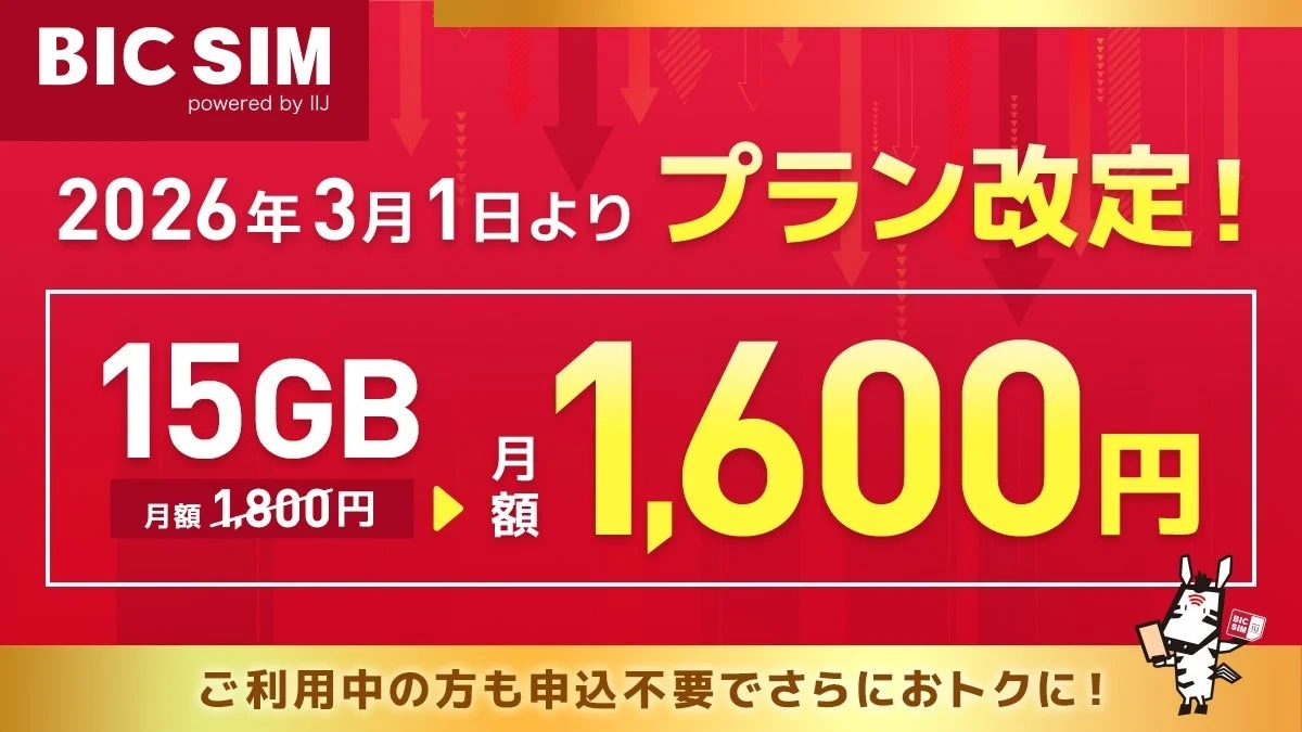 BIC SIM ギガプラン15GBの月額料金が1,600円に改定されることを示すバナー