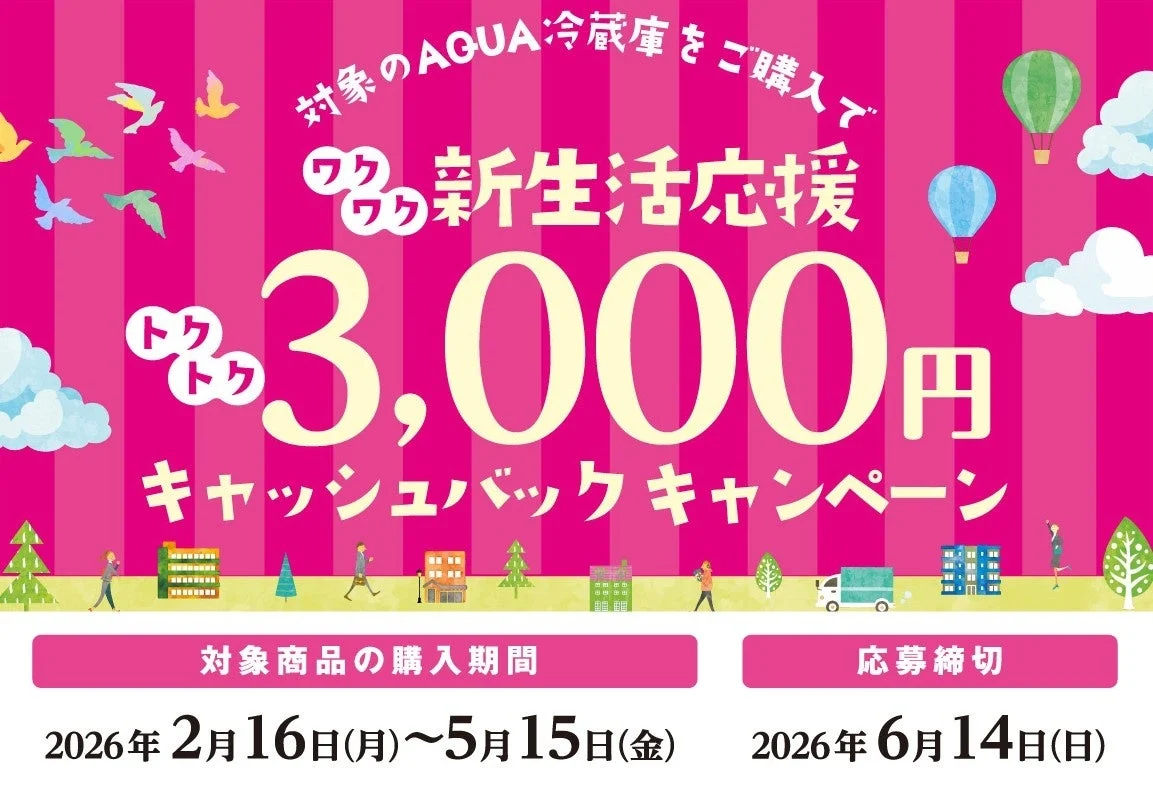 AQUA冷蔵庫 新生活応援キャッシュバックキャンペーンのバナー