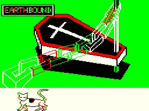 「アースバウンド」のユニークな世界観を示す棺桶と猫のゲーム画面（カラー）