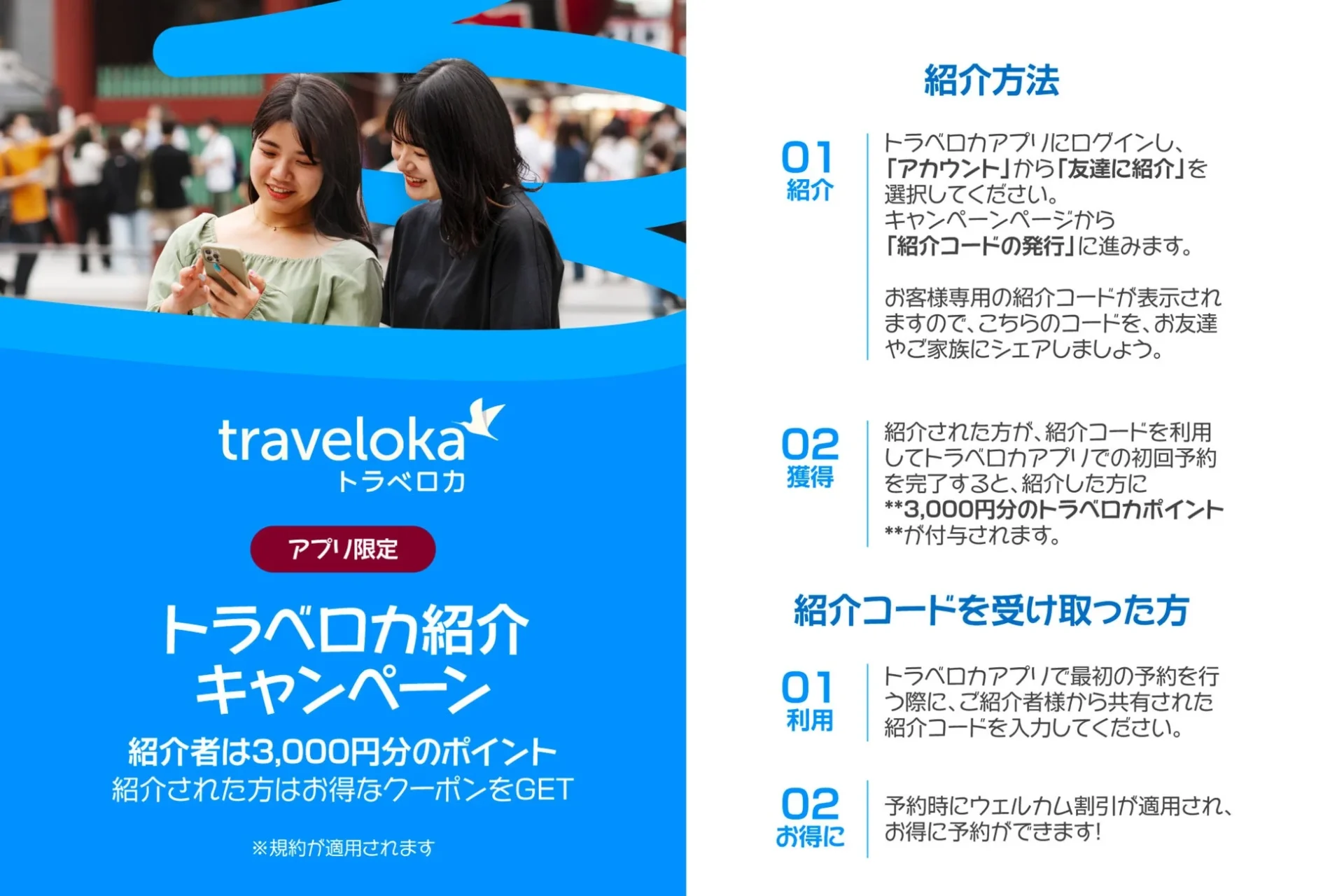 Traveloka友達紹介キャンペーンの紹介方法と特典内容を示す画像