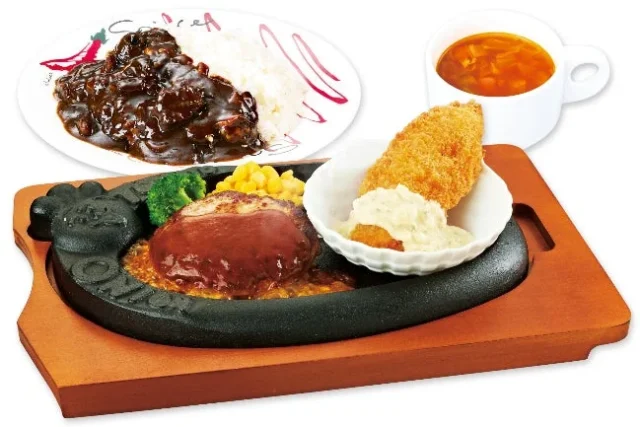 日替わりランチの一例、ハンバーグとフライ、黒カレー