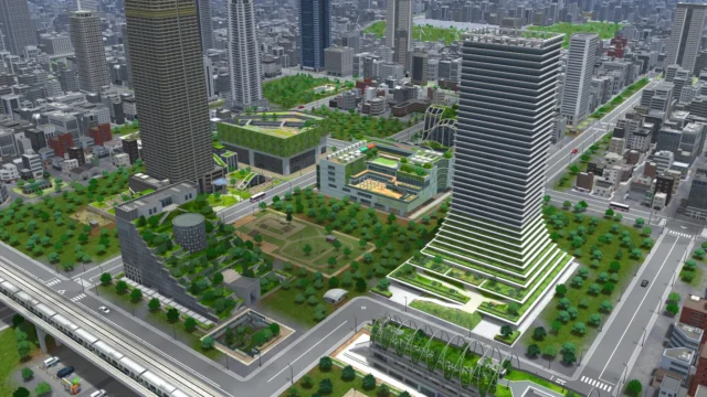 緑化されたビルが立ち並ぶA列車で行こう9 Evolutionの都市