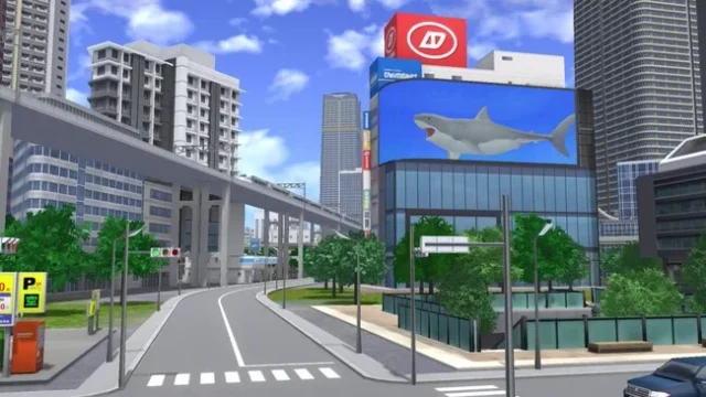 A列車で行こう9 Evolutionの広告看板がある都市風景