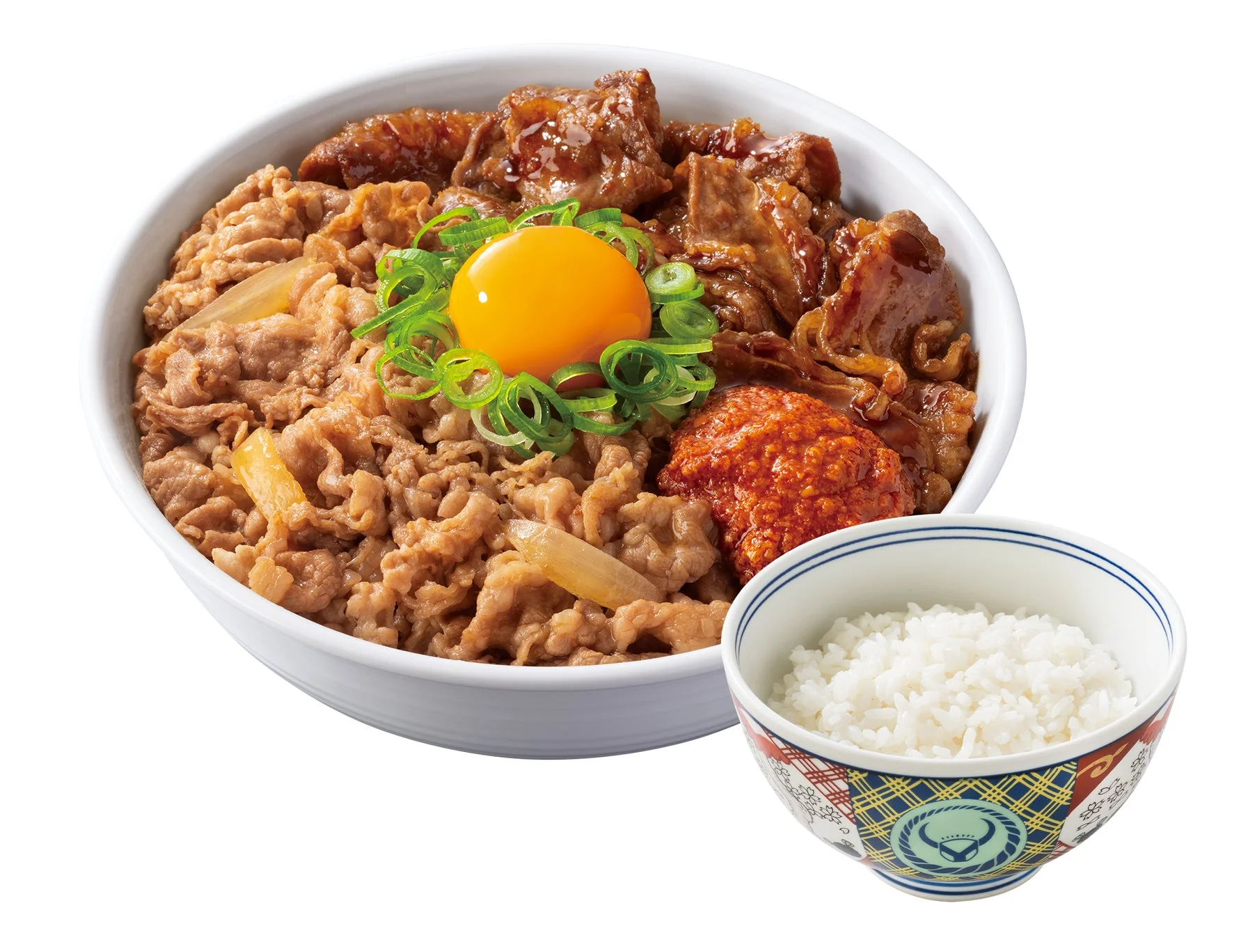 吉野家のスタミナ超特盛丼と追い飯のセット。背脂とニンニクでスタミナ感を強化。
