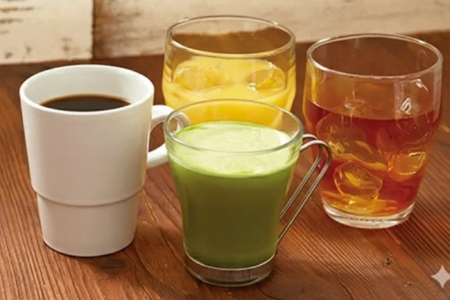 ドリンクバーのコーヒー、オレンジジュース、抹茶ラテ、アイスティー