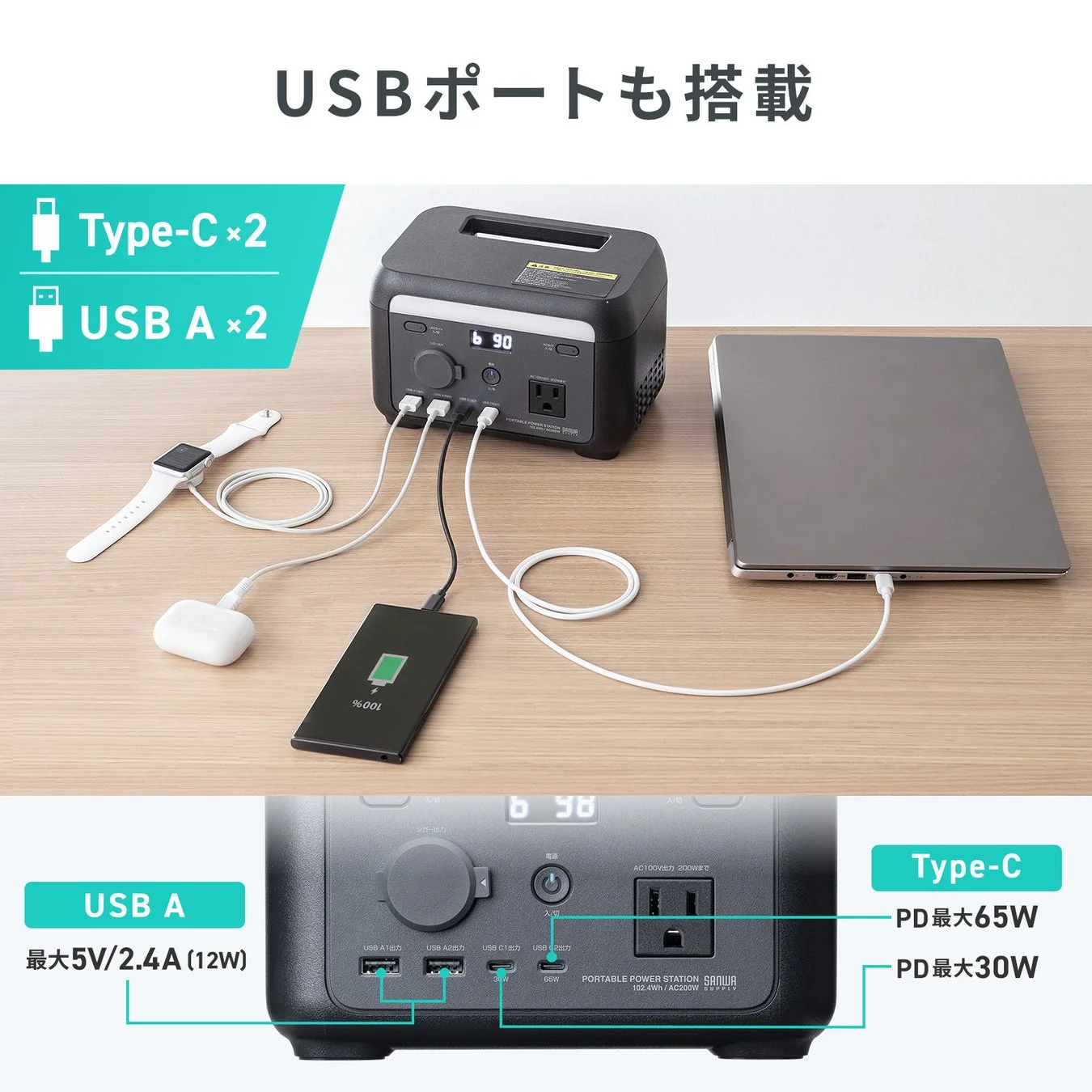 USB Type-C/AポートでスマートフォンやノートPCを充電