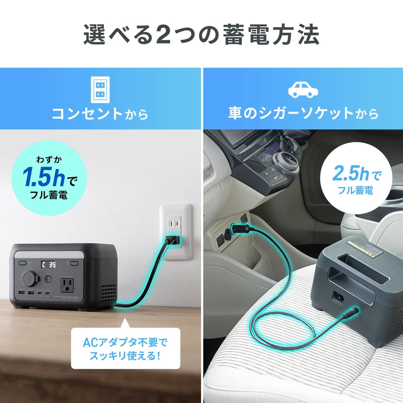 コンセントとシガーソケットからの2つの蓄電方法
