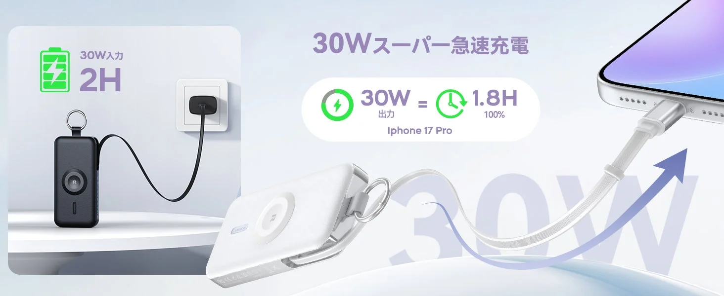 D3-12000の30W急速充電対応と本体充電時間を示す図