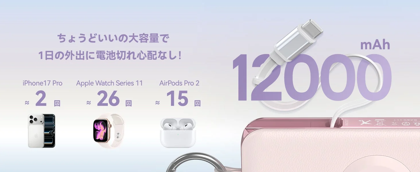 D3-12000の12000mAh大容量と各デバイスの充電可能回数