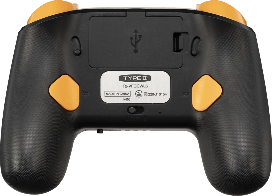 バーチャファイター ゲーミングコントローラー PRO-6 の背面にある拡張ボタンとトリガー深度切り替えスイッチ