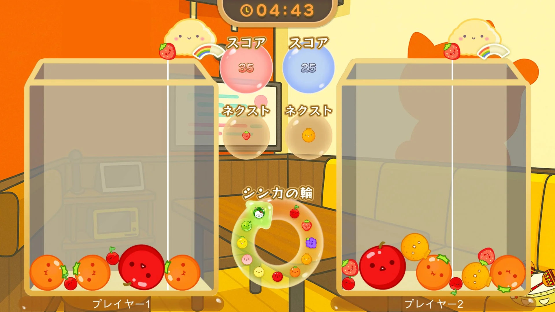 スイカゲーム カラオケまねきねこver.の2人プレイモード「タイムリミット」画面