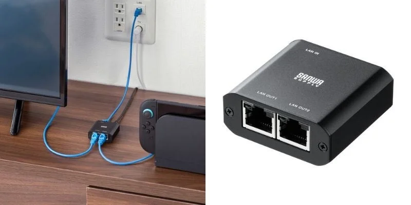 テレビとゲーム機に接続された超小型スイッチングハブの使用イメージと本体