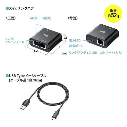 スイッチングハブの各部名称と付属USB Type-C-Aケーブル