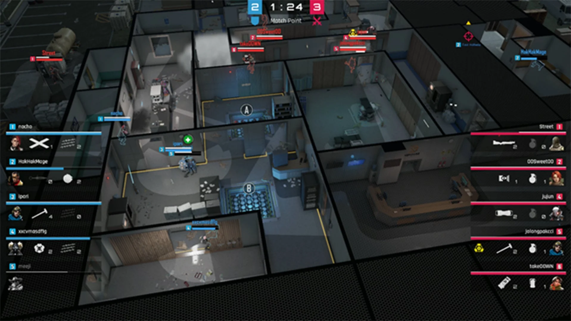 PUBG: BLINDSPOTの5対5トップダウンPvP戦闘画面