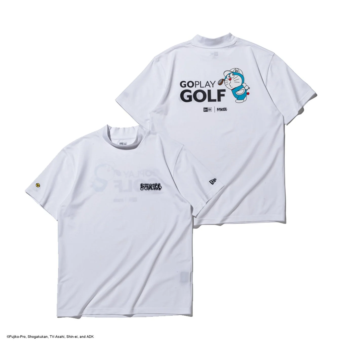 ドラえもんゴルフデザインのホワイトミッドネックTシャツ