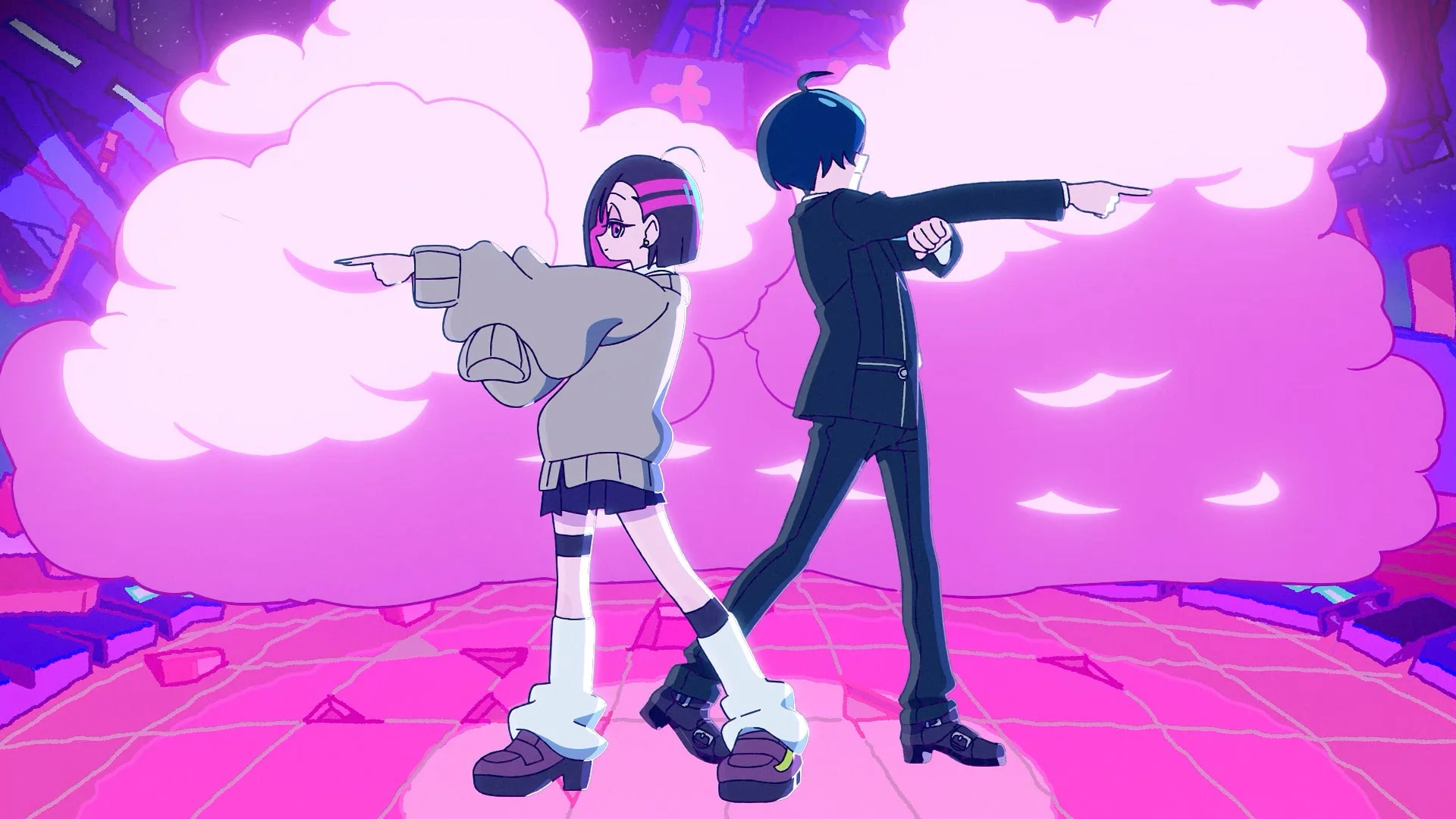 MVシーン：2人のキャラクターが同じポーズを取るダンス