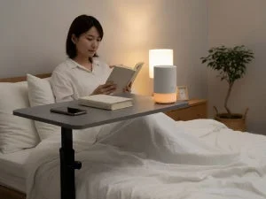 ベッドサイドでコの字脚を差し込んで使用する「イージーリフト デスク 60」