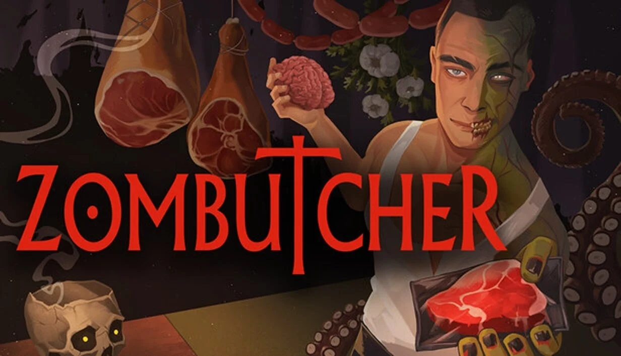 ゾンビ肉屋を経営するゲーム「ZOMBUTCHER」のキービジュアル。ゾンビの肉屋が脳みそと肉を持っている。
