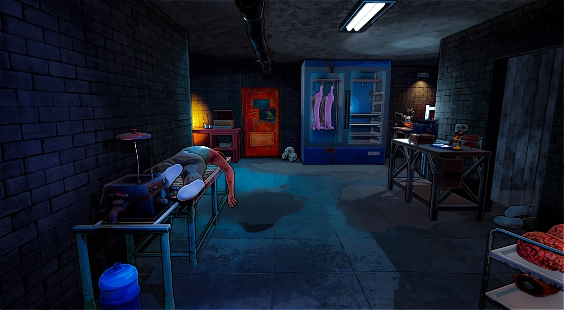 ゾンビの精肉店の店内。台の上に人間が横たわり、奥には肉が吊るされている。