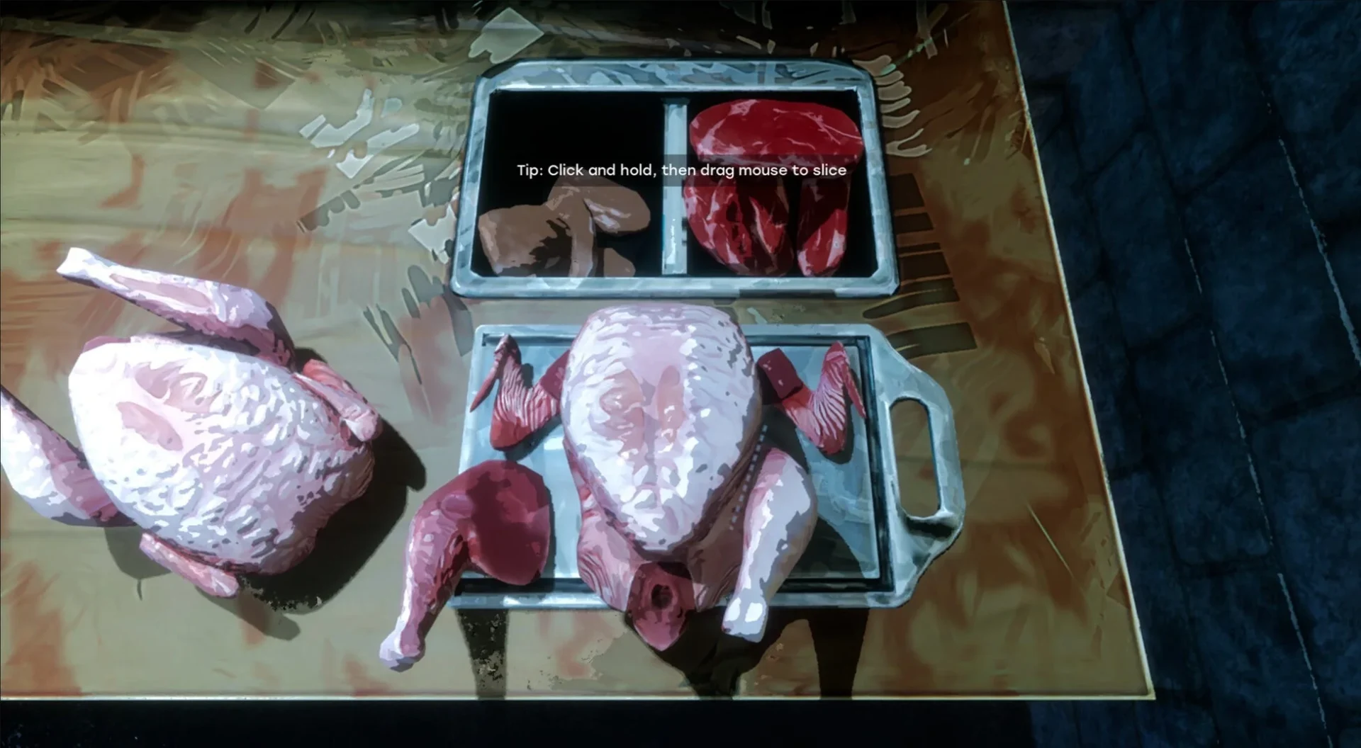 『ZOMBUTCHER』の肉を捌くゲーム画面。鶏肉や塊肉が置かれている。