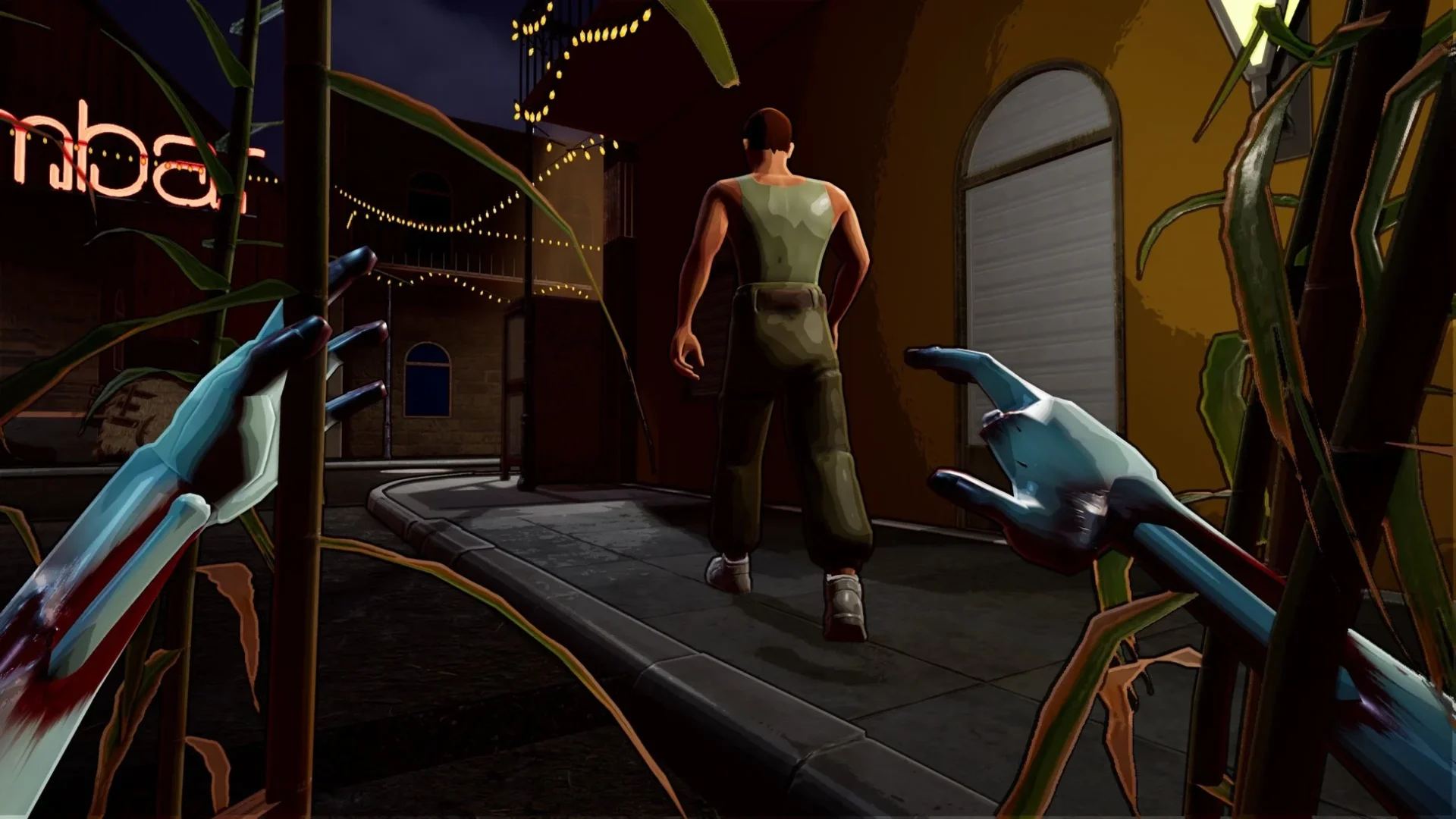 『ZOMBUTCHER』の夜の街でのステルスアクション。プレイヤーが人物を追跡している。